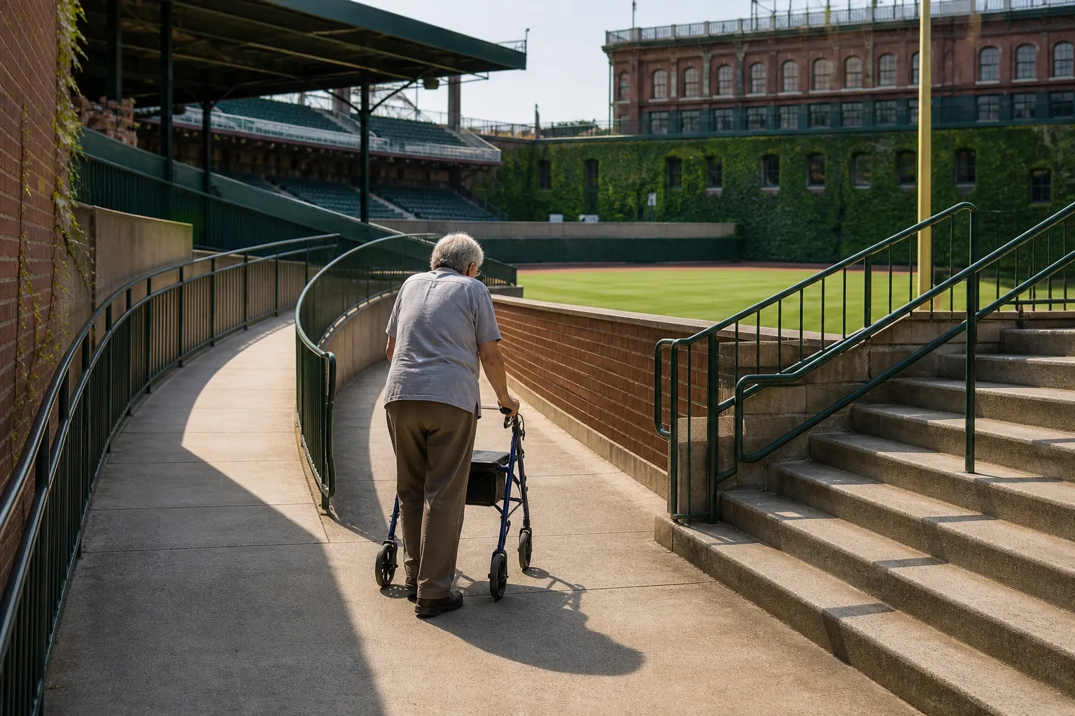 Older adult using a wheeled walker on a ballpark concourse near ramps and stairs
