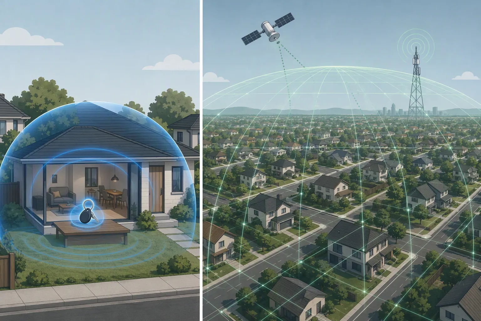Illustration comparing short-range Bluetooth coverage around a house with wider GPS and cellular tracking across a neighborhood