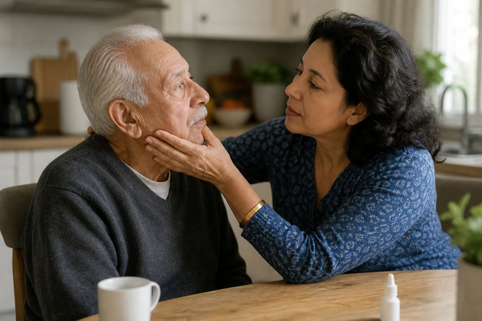 Caregiver checking an older man's eyes beside a bright window while a recalled eye-drop bottle sits aside