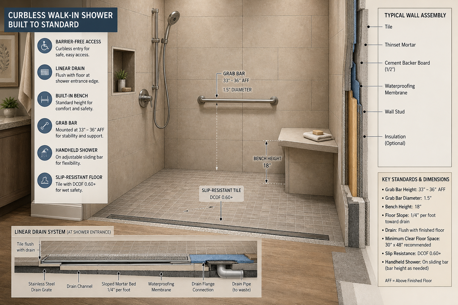 Architectural cutaway illustration of a curbless walk-in shower showing a linear drain flush with the floor, an 18-inch built-in bench with dimension line, a horizontal grab bar mounted at standard height with diameter callout, slip-resistant DCOF 0.60+ tile flooring, and a handheld shower head on a sliding bar