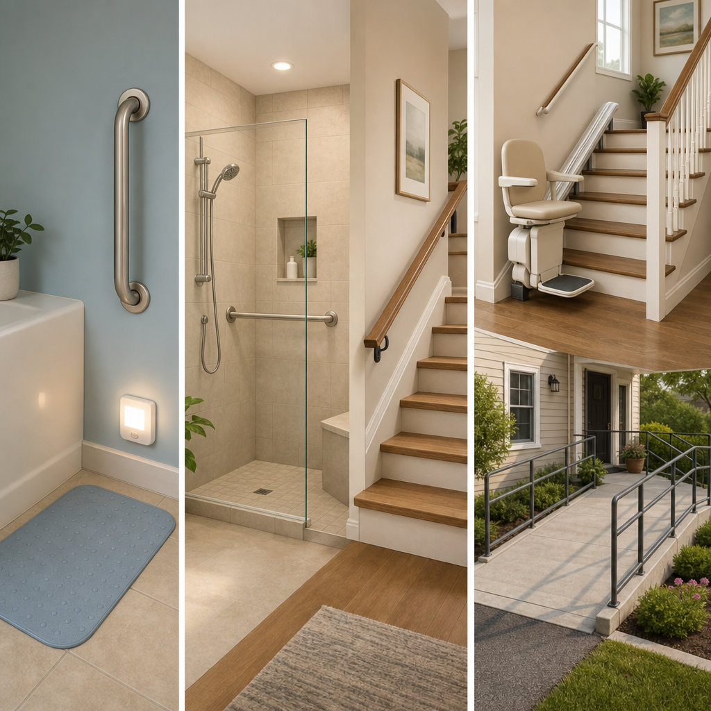A warm editorial illustration showing three tiers of home modification items arranged horizontally: small grab bar and non-slip mat, mid-range walk-in shower and handrail, and larger stair lift and ramp, with no text or prices.