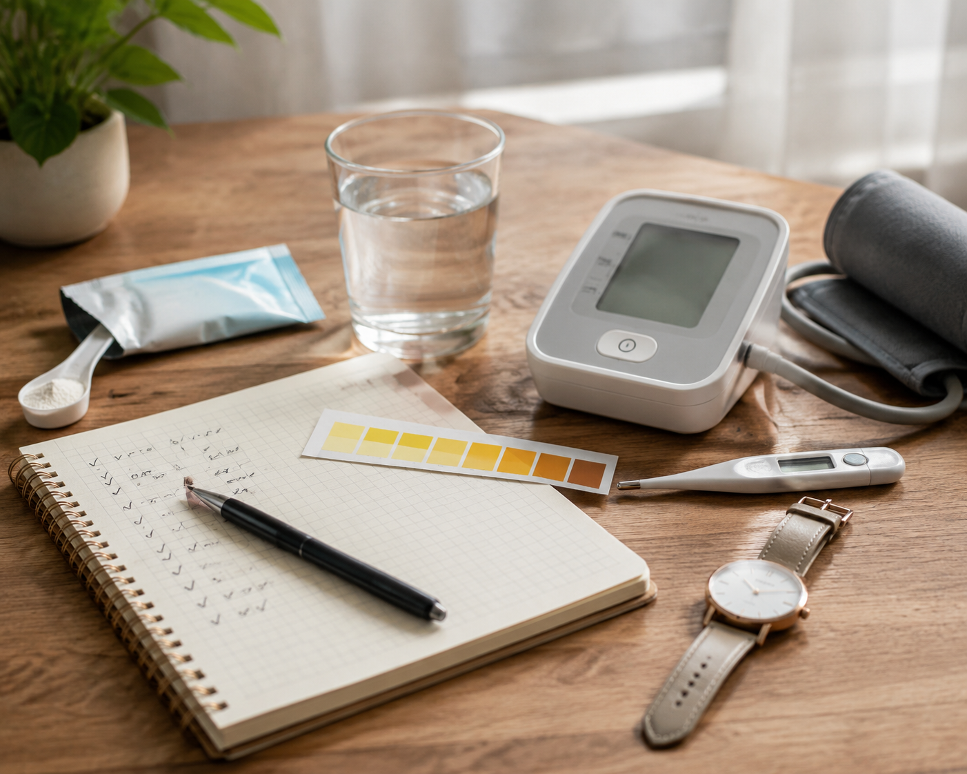 Home monitoring tools including urine color guide, notebook, thermometer, blood pressure cuff, water, and electrolyte packet