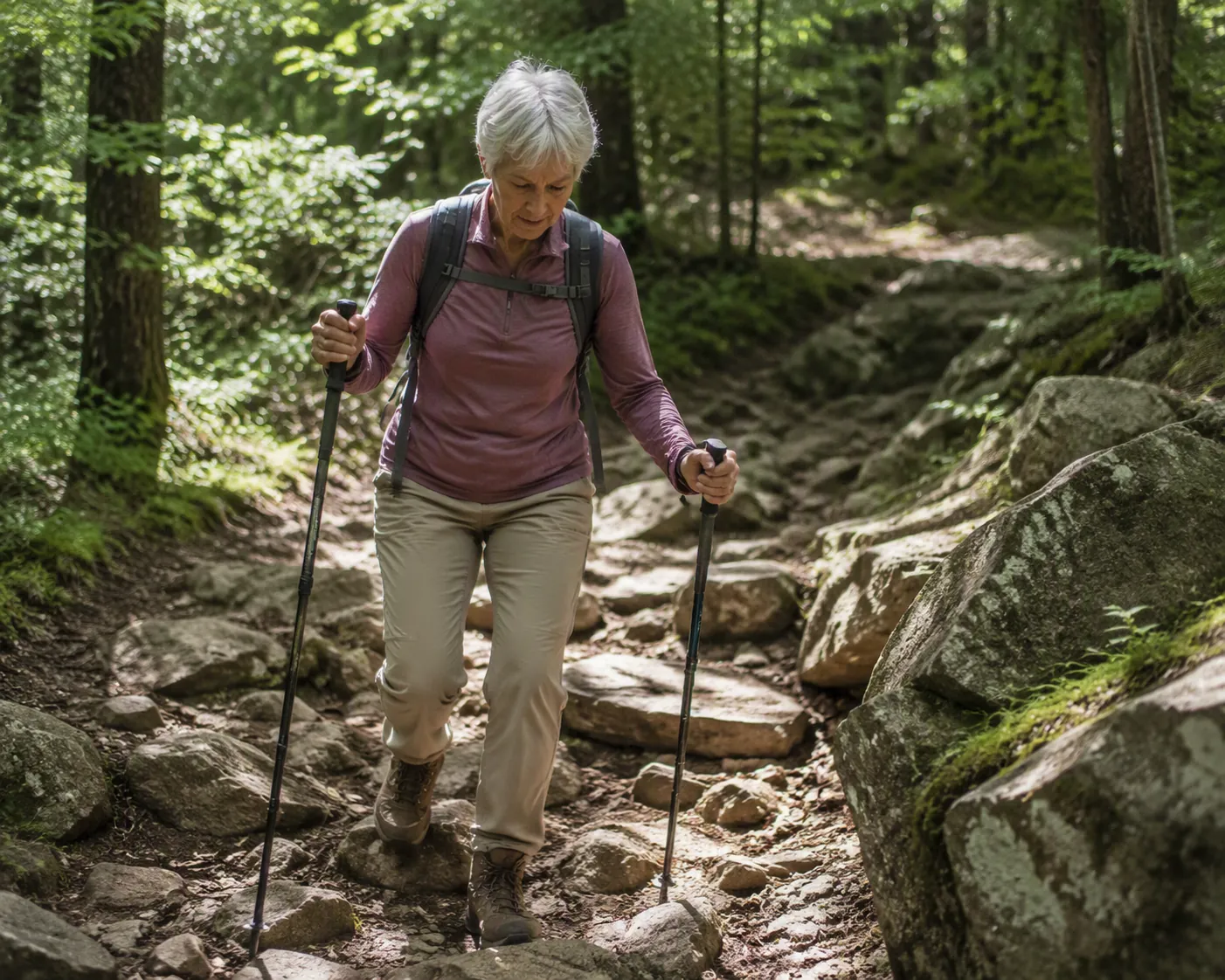Older adult hiker carefully descending a rocky trail with trekking poles