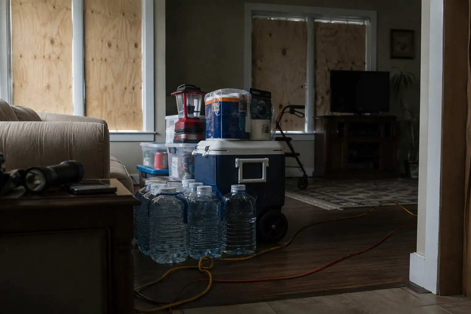 Dimly lit living room prepared for a storm with water jugs, cords, a cooler, and a partially blocked walker creating fall hazards