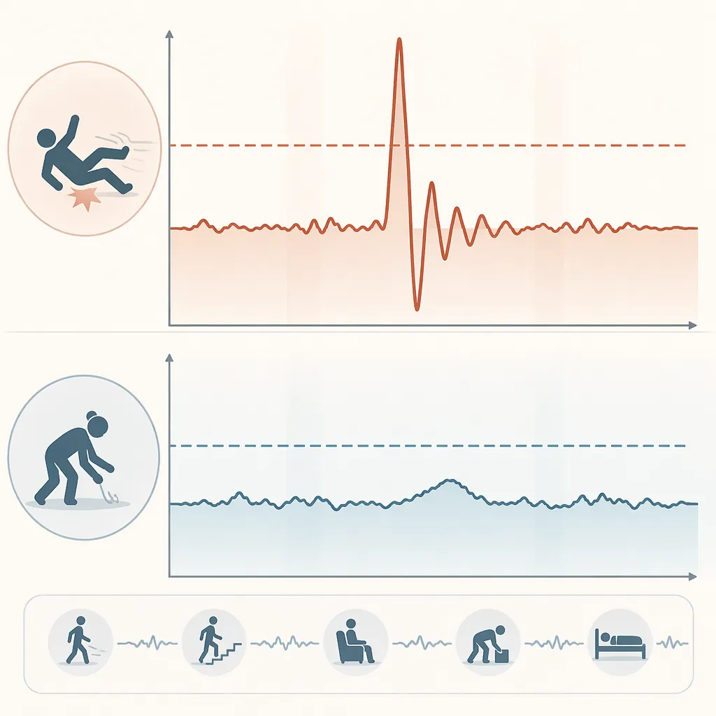 Illustration of accelerometer readings showing a hard fall spike and a soft fall below threshold