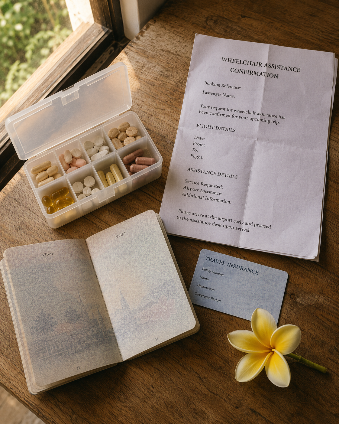 Medication organizer, wheelchair assistance confirmation, passport, travel insurance card, and plumeria on a wooden table
