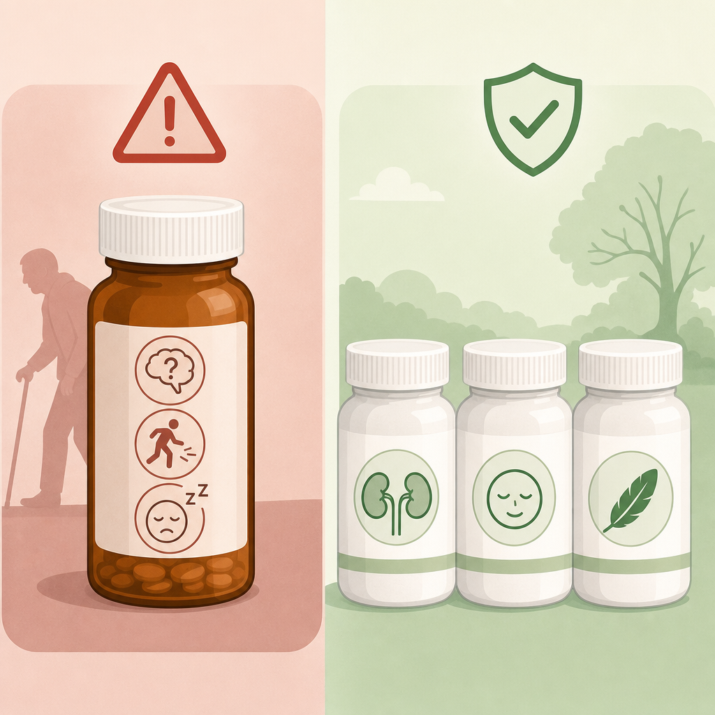 Illustration comparing first-generation antihistamine caution risks with second-generation antihistamine safety considerations