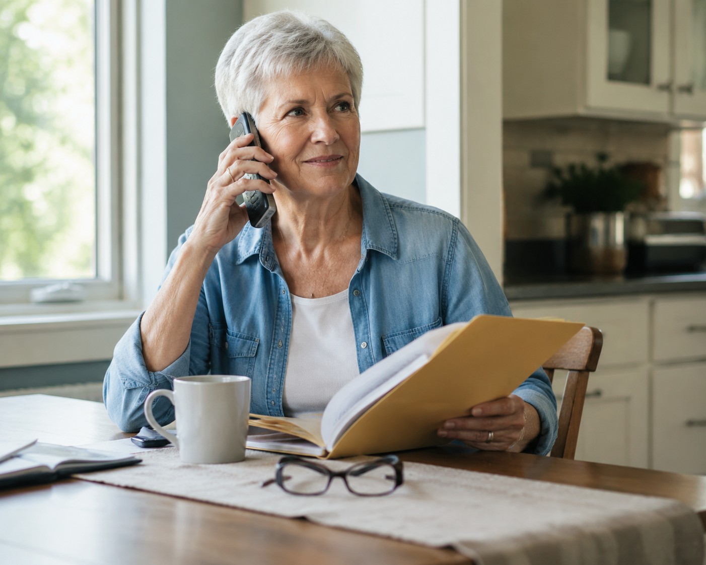 Older adult at a kitchen table with a phone and paperwork, ready for a benefits call.