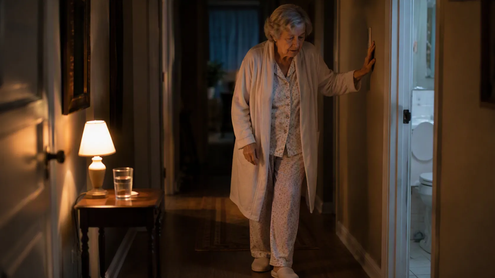 Older woman steadying herself near a bathroom doorway at night with a nightlight and water nearby