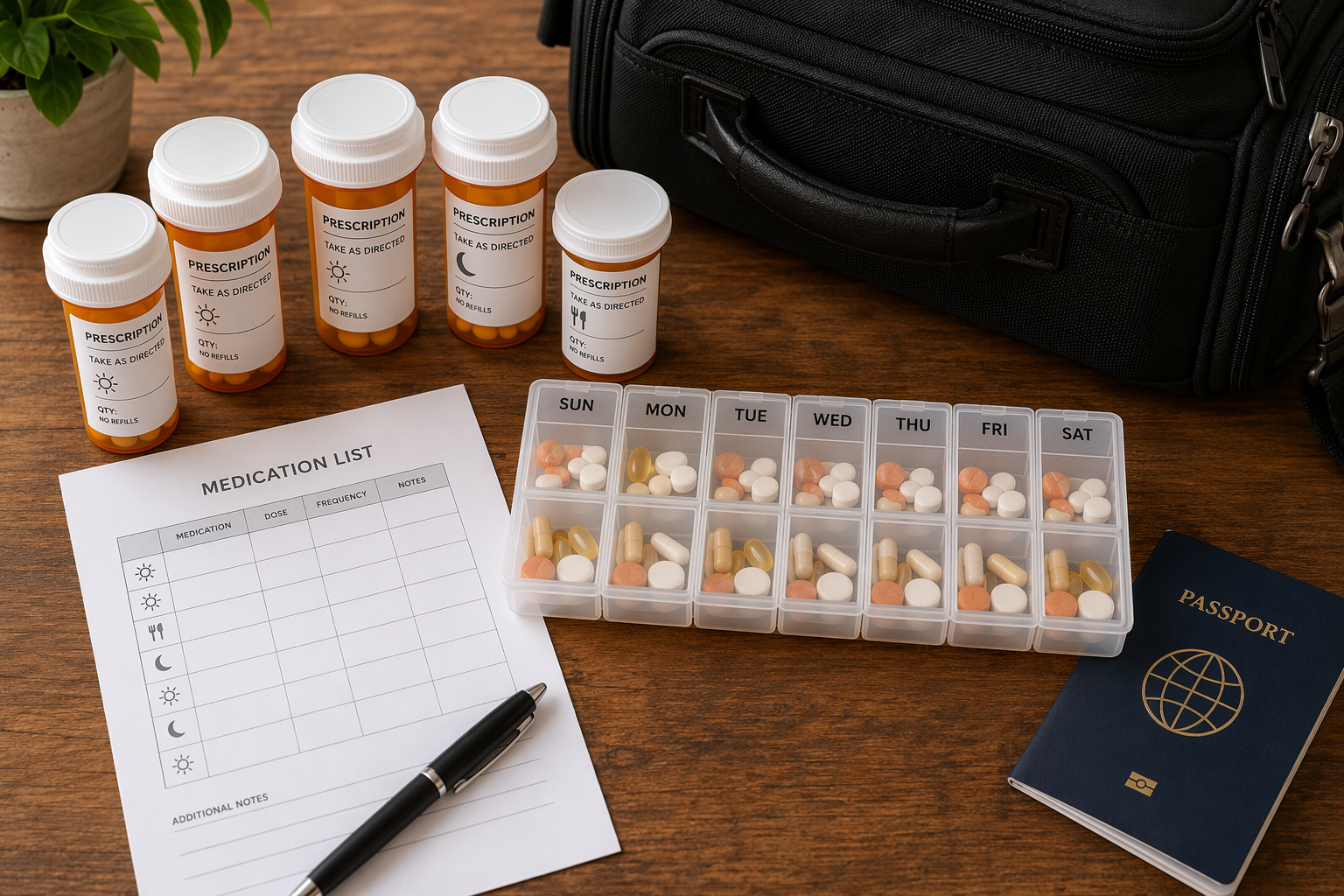 Prescription bottles, weekly pill organizer, printed medication list, passport, and carry-on bag arranged on a wooden table