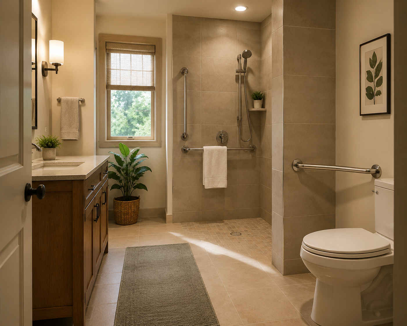 A modern bathroom with chrome grab bars near the toilet and shower entrance, warm lighting, and a clear floor
