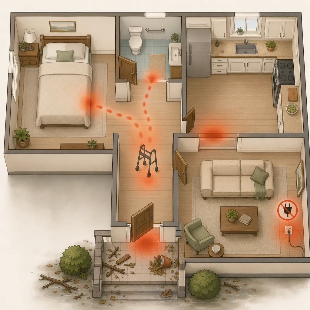 Home floor plan showing post-hurricane fall-risk routes from bedroom to bathroom, chair to kitchen, and front door to driveway
