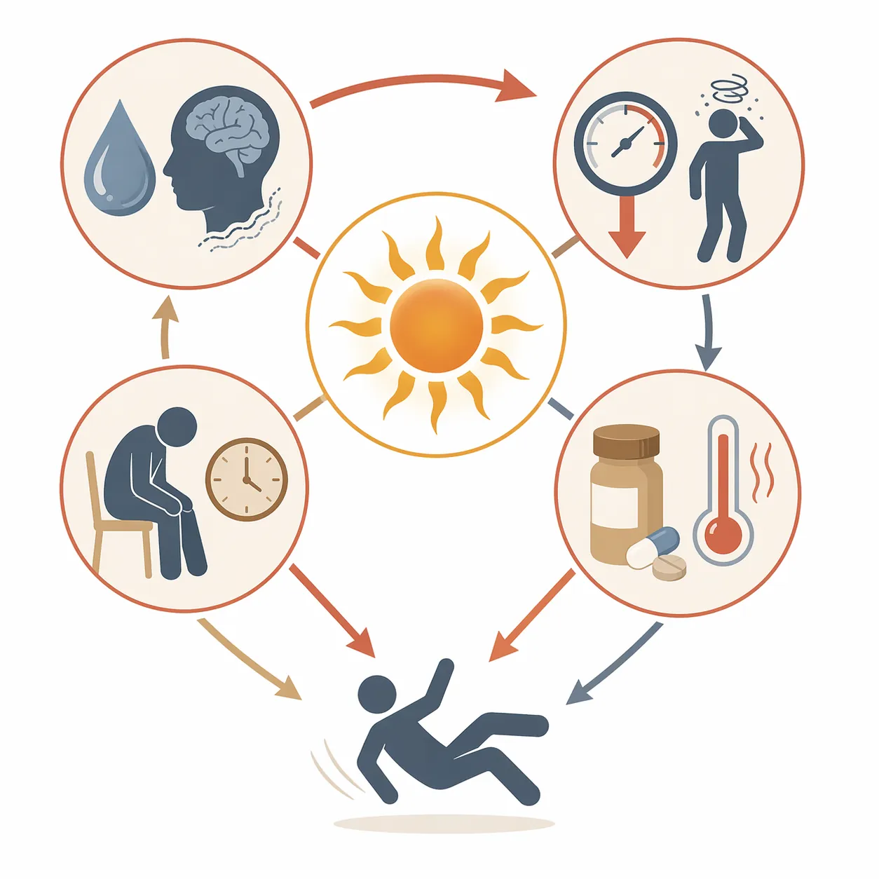Diagram showing dehydration, blood pressure drop, fatigue, and medication effects converging toward fall risk in hot weather