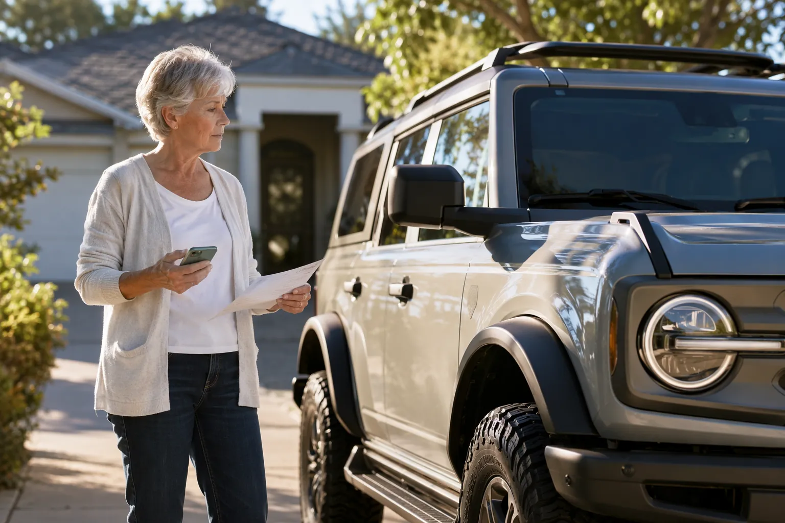 Older woman standing beside a grey SUV in a driveway while checking a phone and paper notice