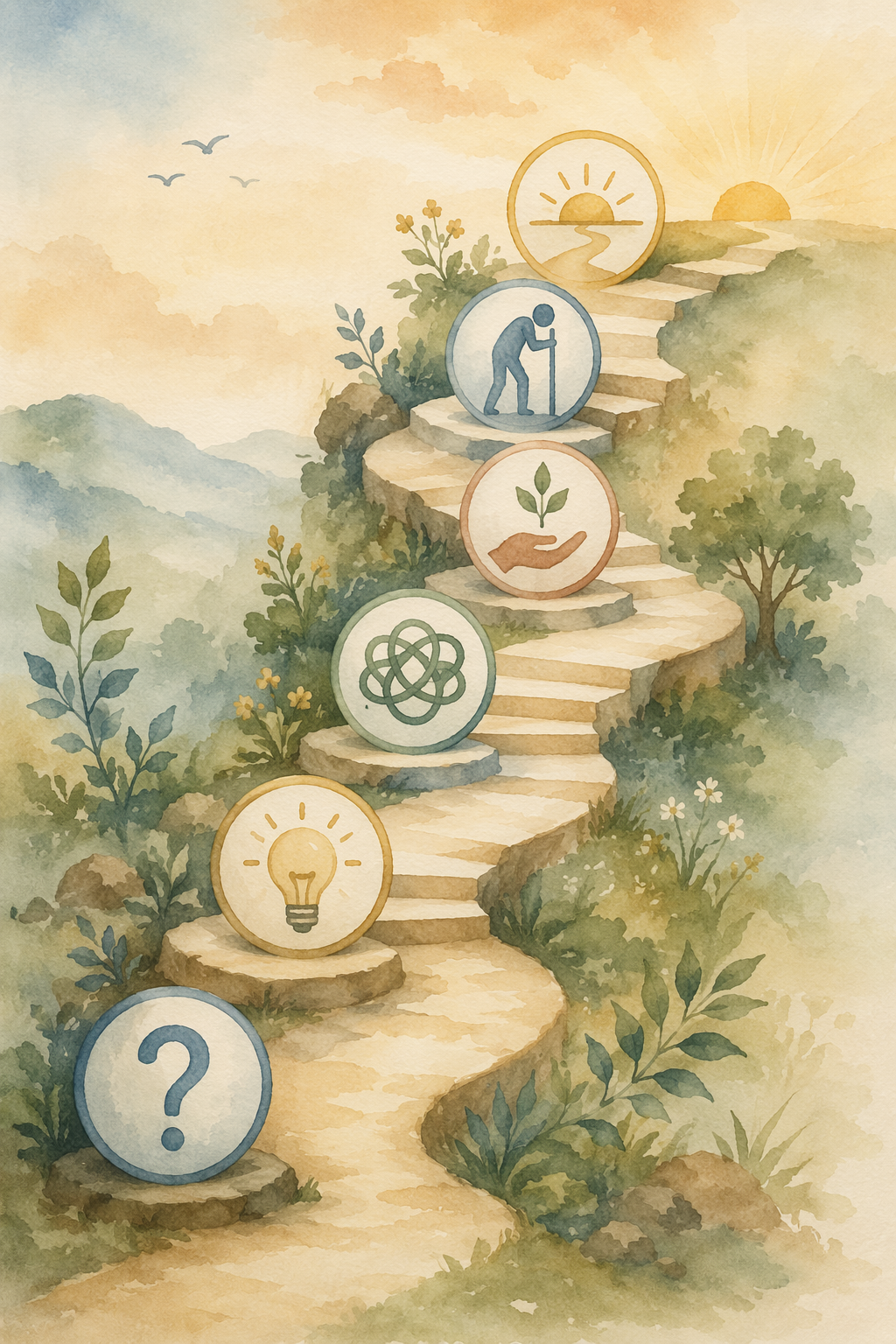 A watercolor-style illustration showing six stages of a caregiving emotional journey — Confusion, Realization, Frustration, Acknowledgment, Collapse, Acceptance — depicted as a winding ascending path with abstract icons at each stage.