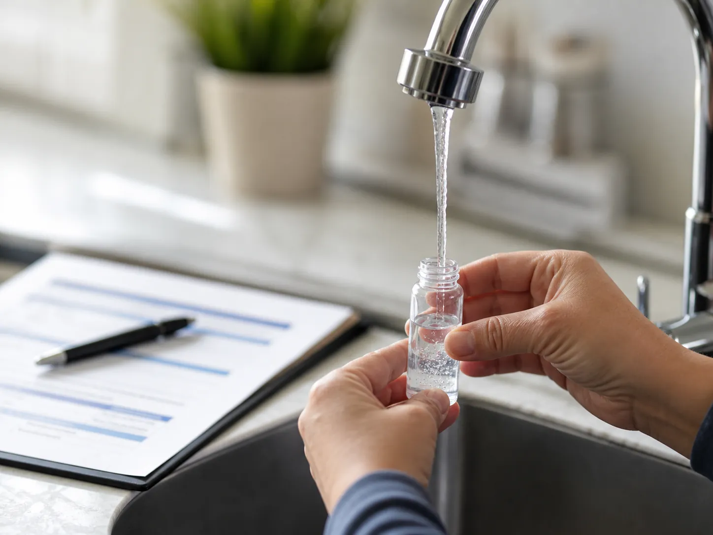 Hands filling a clear water sample vial from a kitchen faucet beside a water-quality checklist