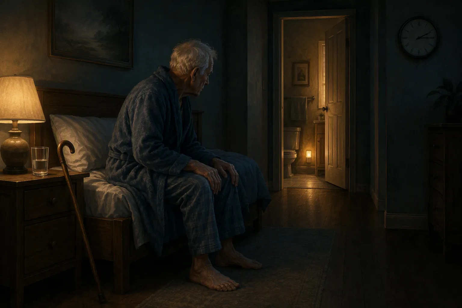 Tired older man sitting on the edge of a bed at night with water, a cane, and a lit path toward the bathroom