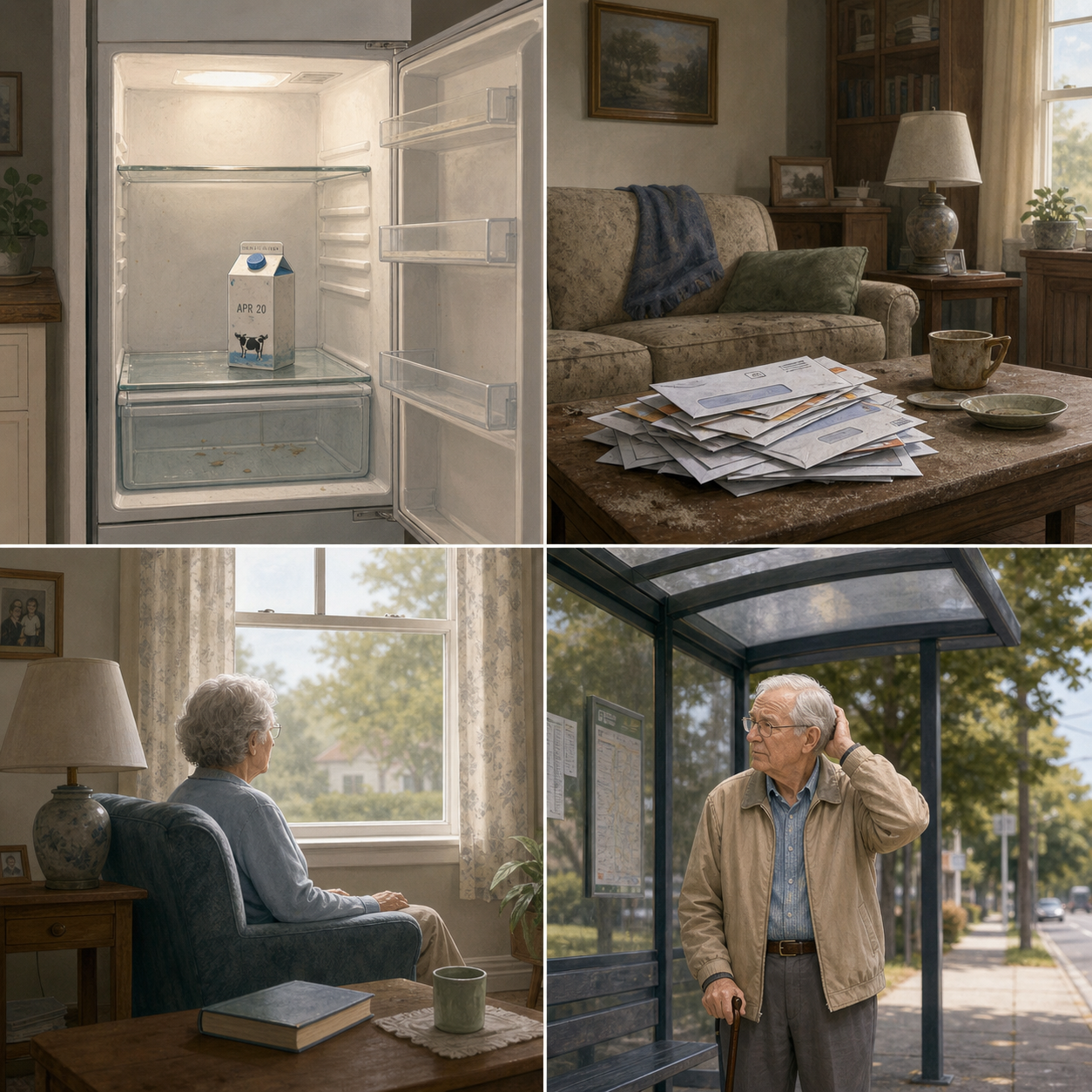 Four quadrants showing everyday warning signs: an empty refrigerator, a cluttered living room, an older adult sitting alone, and an older adult at a bus stop.
