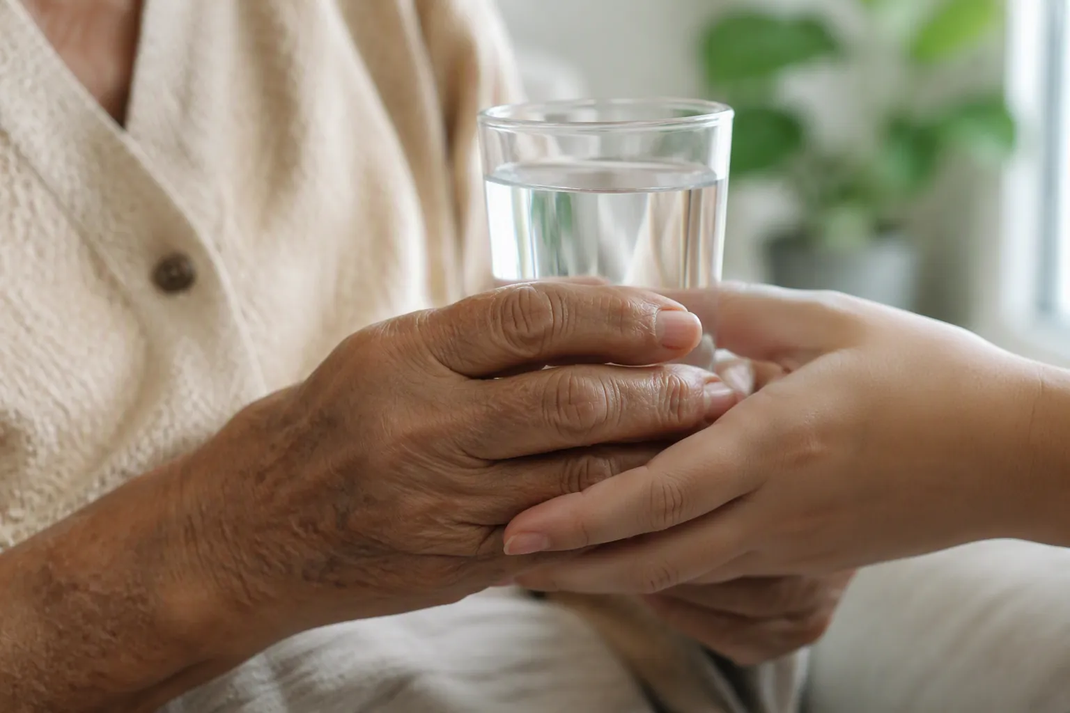 Older adult holding a glass of water with a caregiver’s hand steadying it