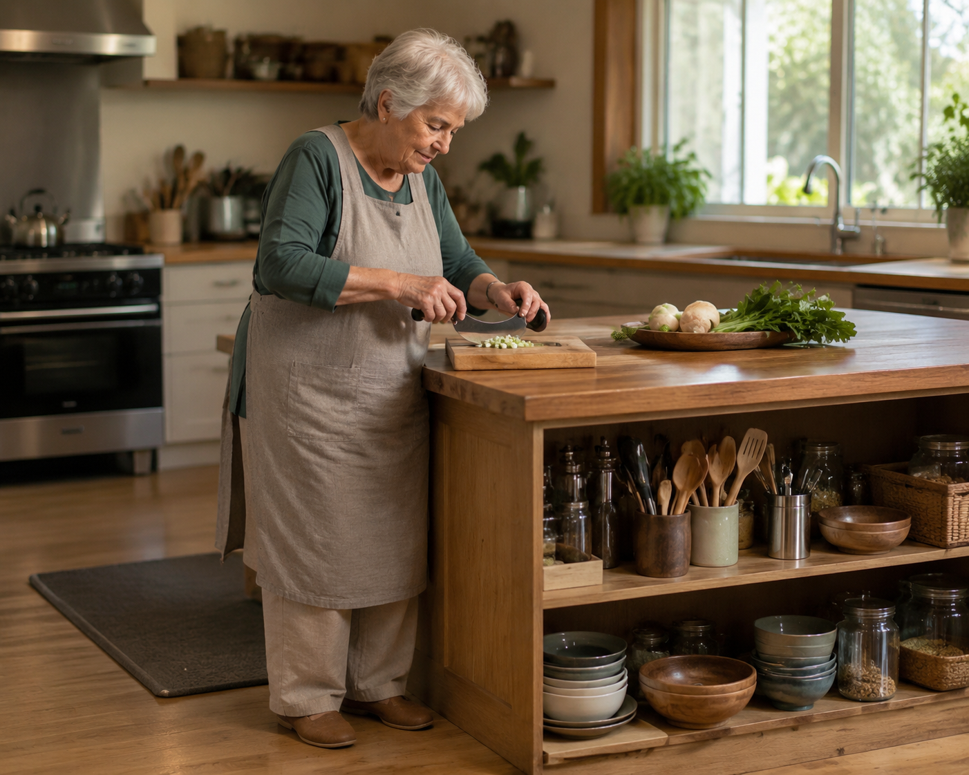 Older woman using an ergonomic rocker knife in a warm, uncluttered senior-friendly kitchen