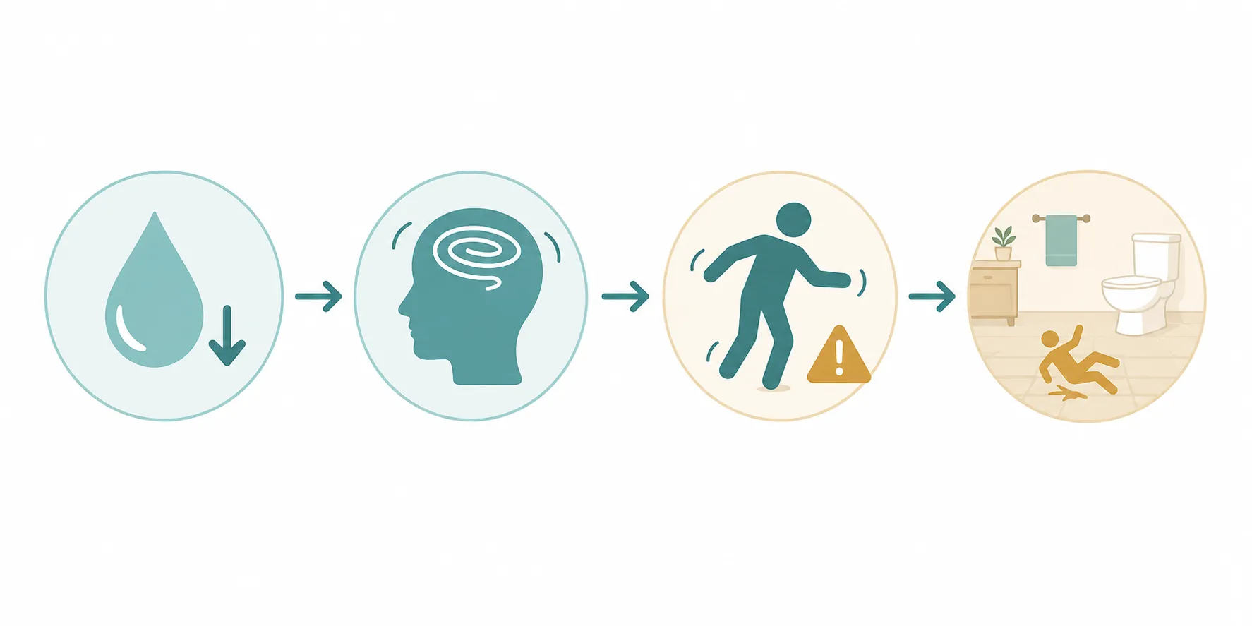 Infographic showing dehydration leading to dizziness, wobbling, and a bathroom slip hazard