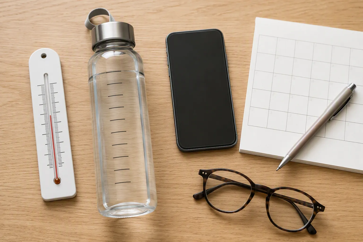 External heat-safety cue kit with wall thermometer, marked water bottle, phone, calendar, pen, and reading glasses