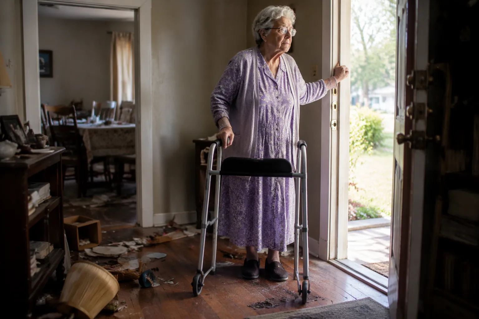 Older adult standing at a doorway with a rolling walker after household disruption