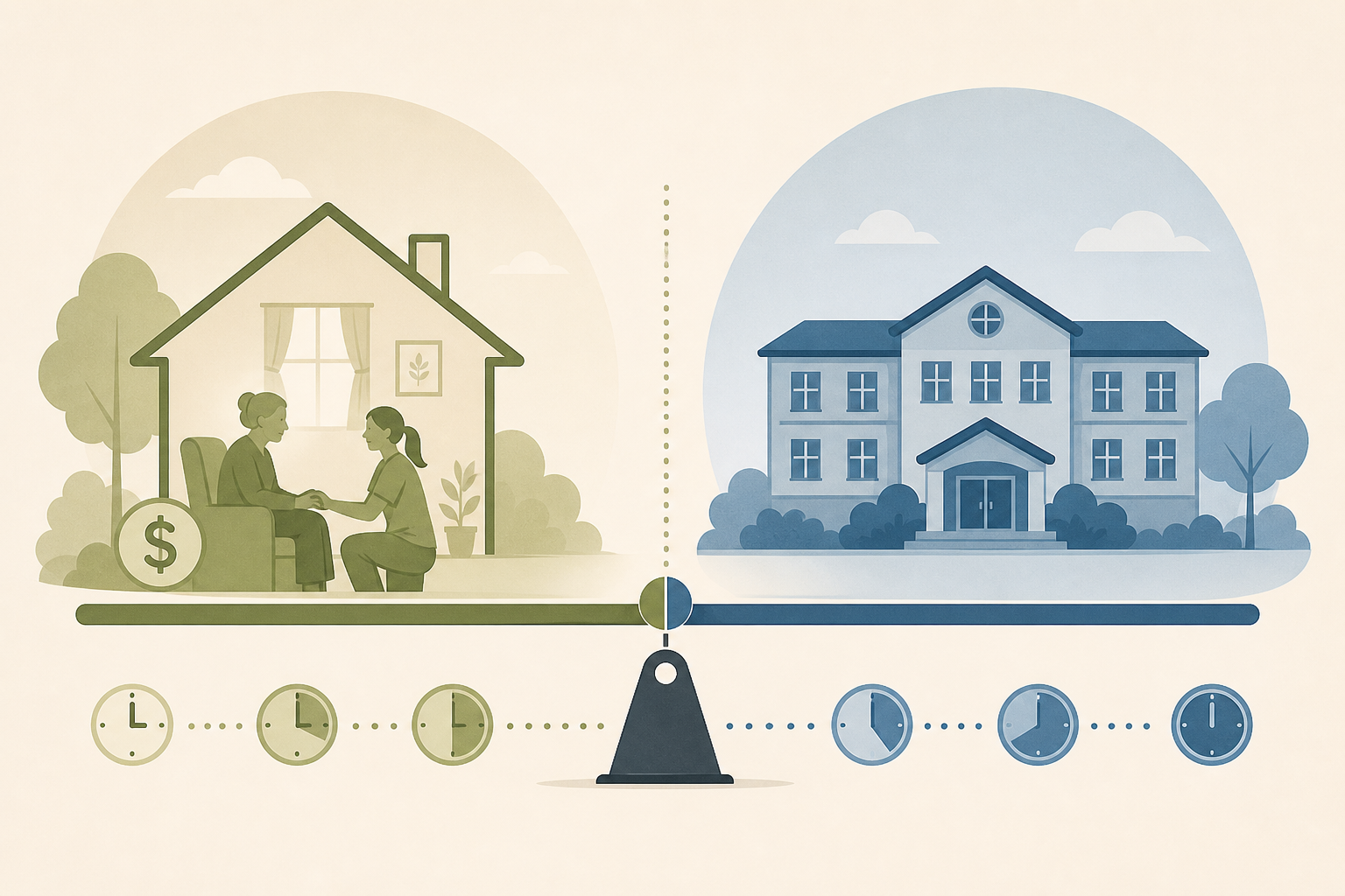 An editorial illustration comparing home care and facility care costs: a house icon with a caregiver figure on one side, a facility building icon on the other, with a visual balance or scale element between them suggesting a cost breakpoint where the more affordable option shifts as care hours increase.