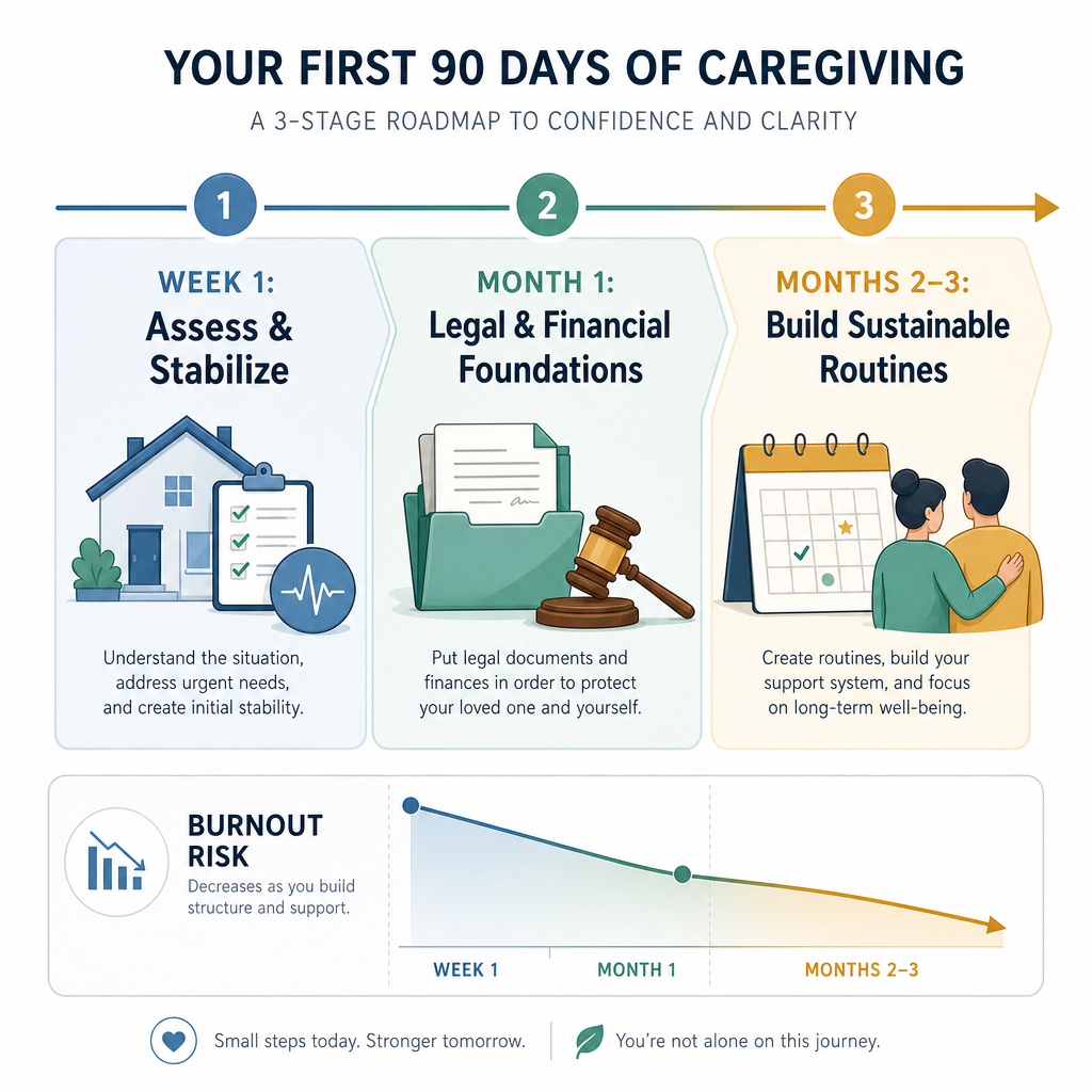 A clean horizontal editorial infographic showing a three-stage 90-day caregiving roadmap: Week 1 Assess & Stabilize, Month 1 Legal & Financial Foundations, Months 2-3 Build Sustainable Routines.