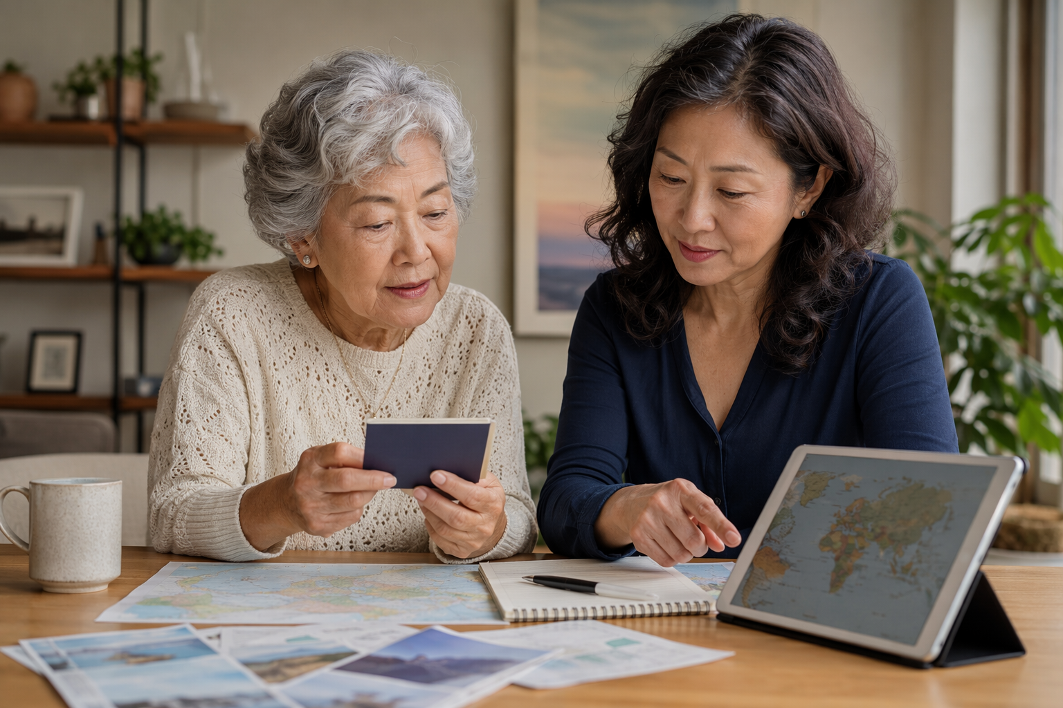 An older adult and adult daughter review passports, travel documents, and a tablet map together