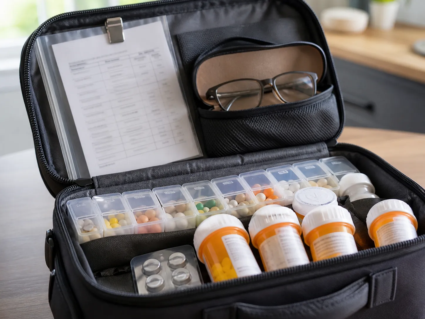 Emergency kit bag with pill organizer, prescription bottles, spare glasses, hearing-aid batteries, and printed medication list