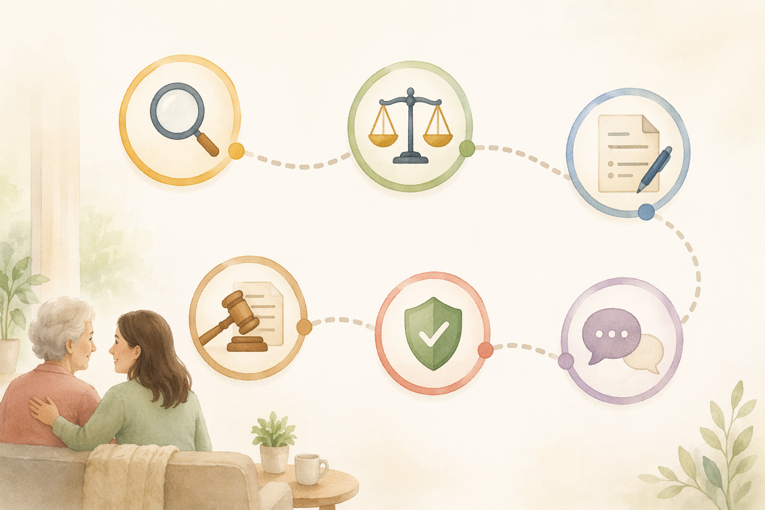 A flowing process-path editorial illustration with six minimalist icon nodes arranged along a gentle zigzag route, depicting magnifying glass, scale, document, conversation bubble, shield, and gavel icons representing the hiring journey from assessment to legal essentials.