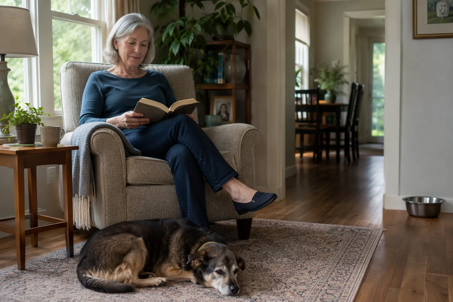 Older woman reading beside a calm dog in an uncluttered living room with a water bowl placed away from the walking path