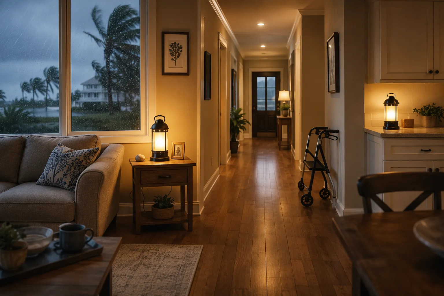 Prepared living room and hallway during a rainy tropical storm with battery lanterns, clear pathways, and a walker safely positioned