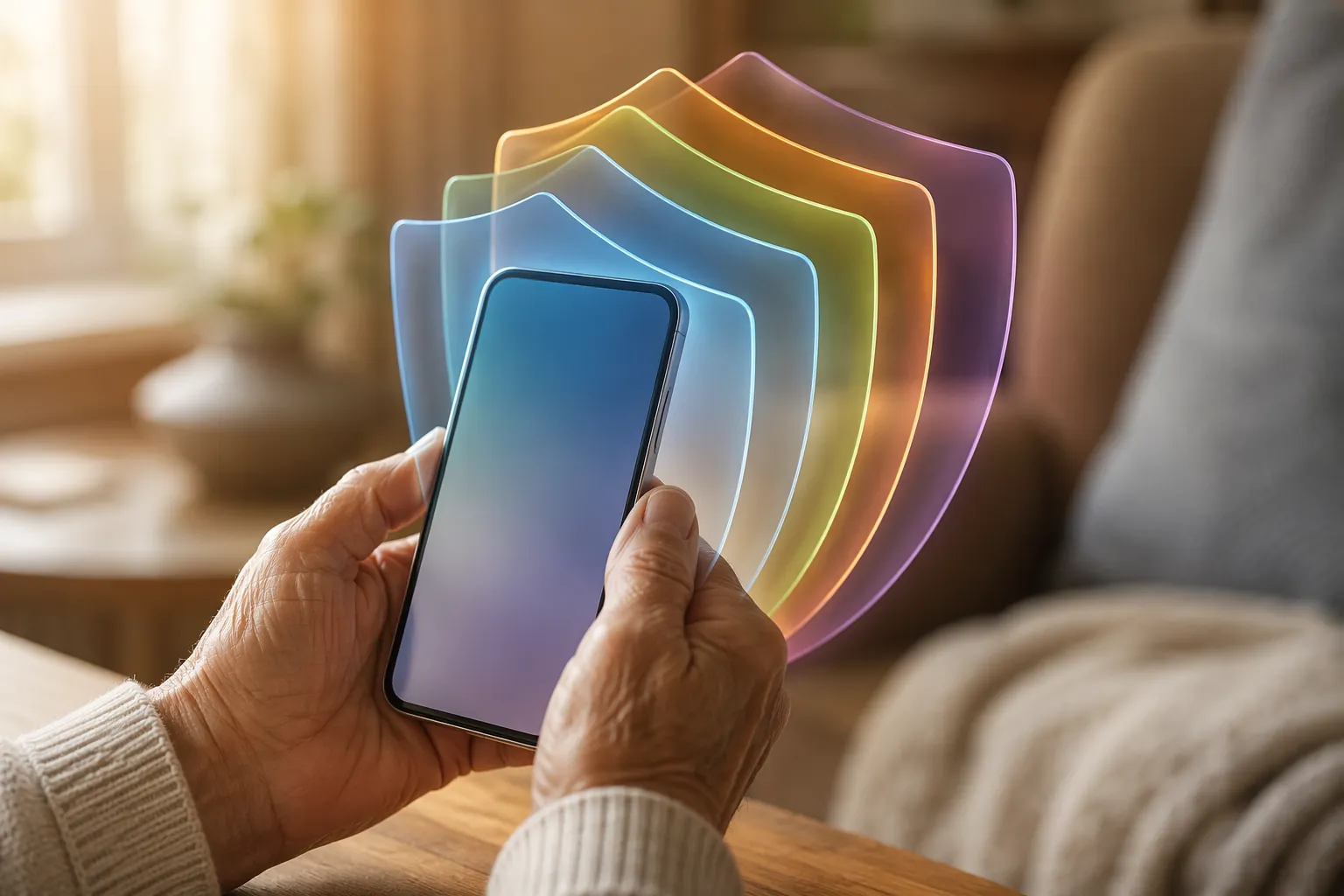 Older adult holding an iPhone protected by several translucent shield layers