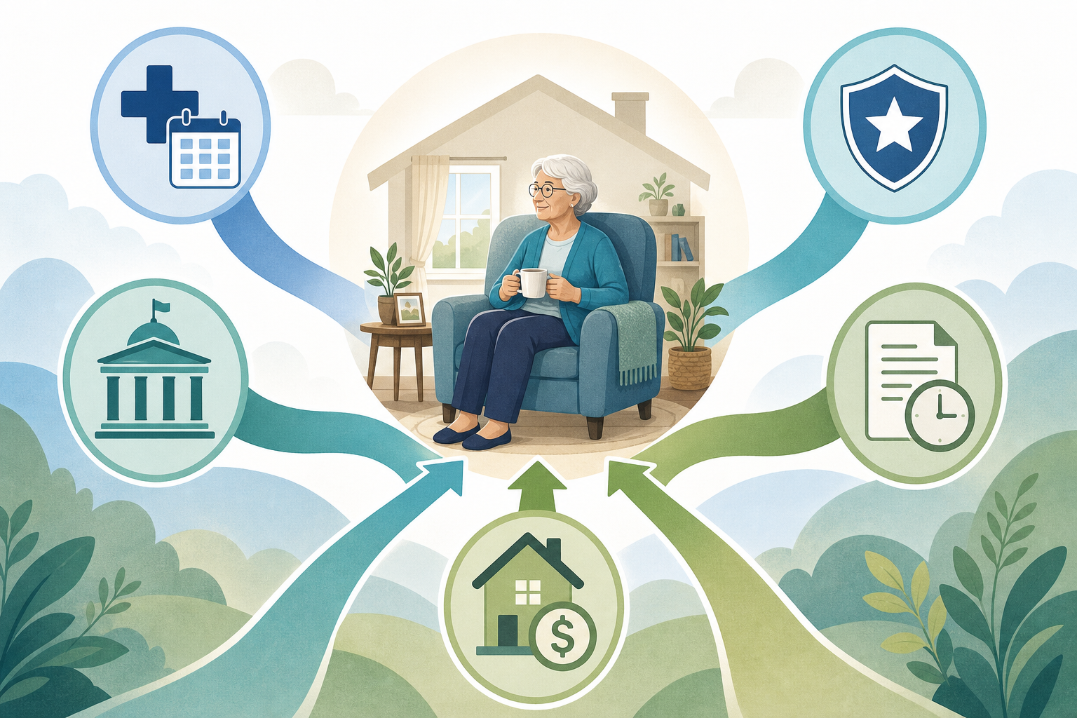An editorial illustration showing multiple payment pathways converging toward an older adult figure at home.