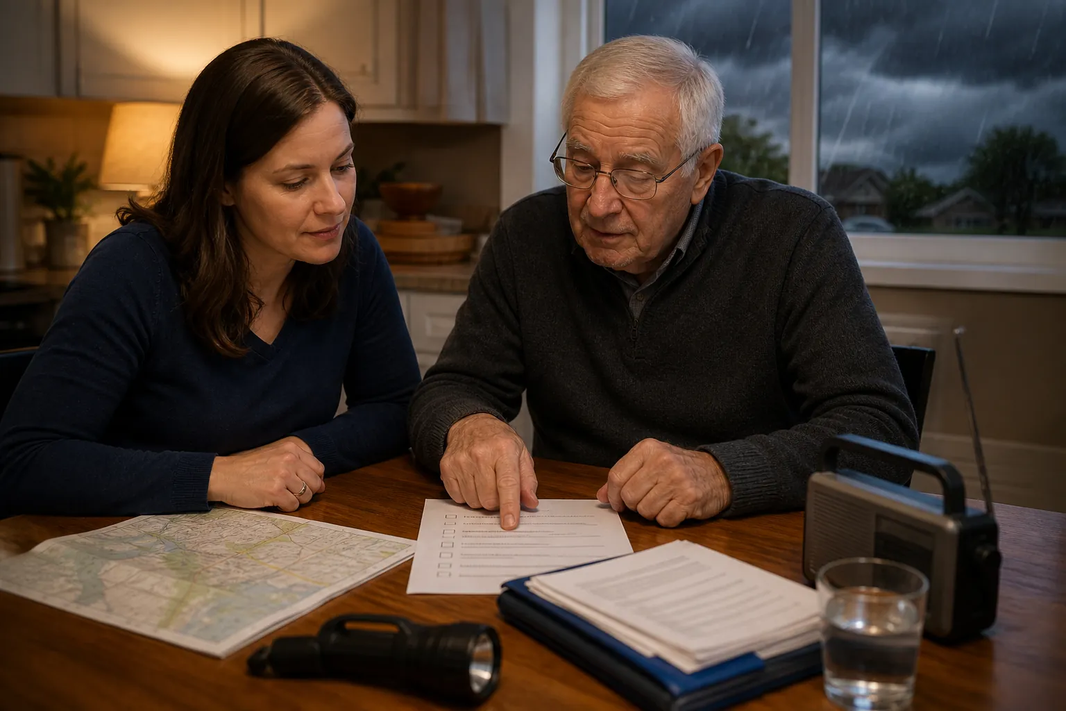 Adult daughter and elderly father reviewing a storm checklist and paper map at a kitchen table