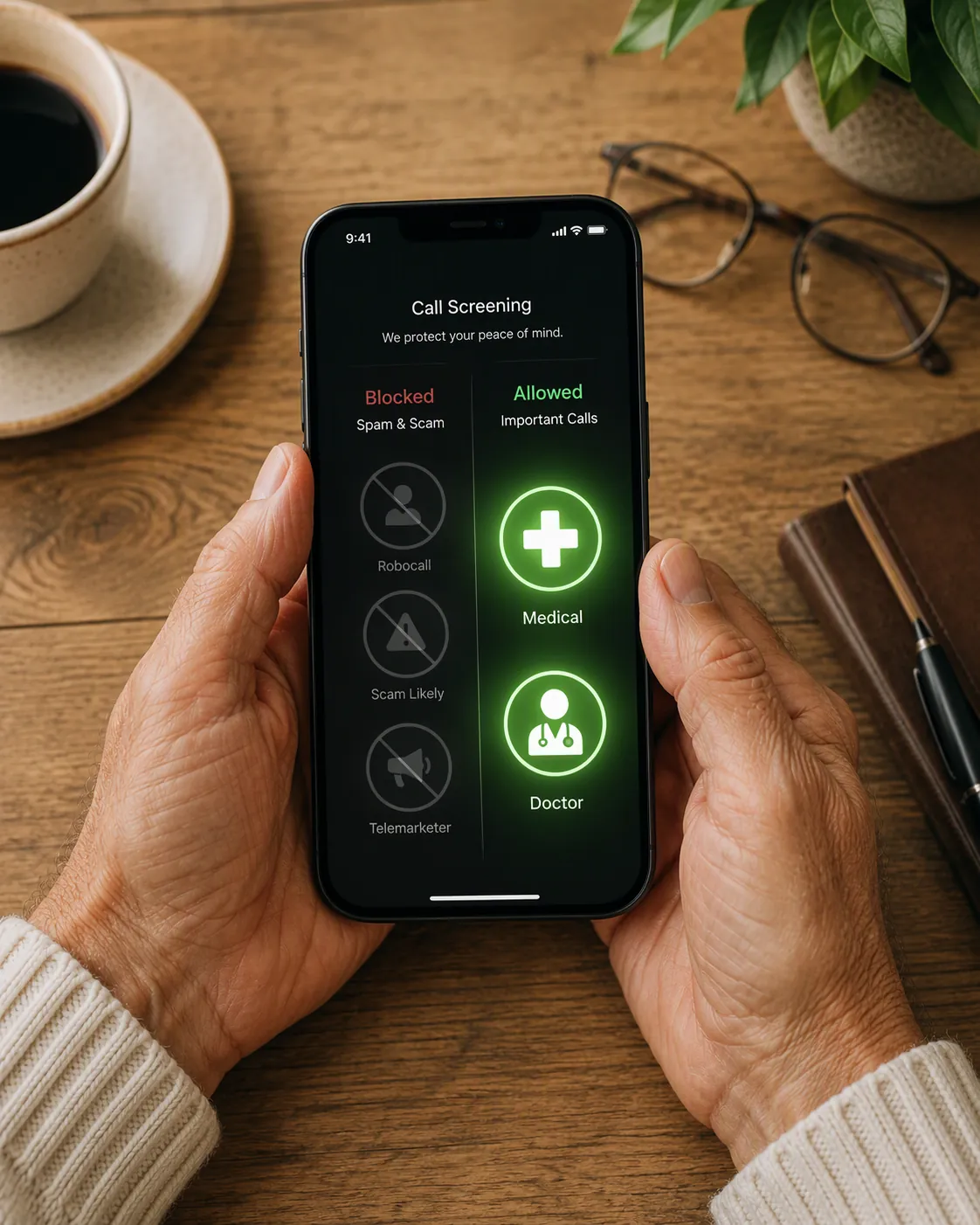 Older hands holding an iPhone with spam calls blocked while a medical call is allowed through