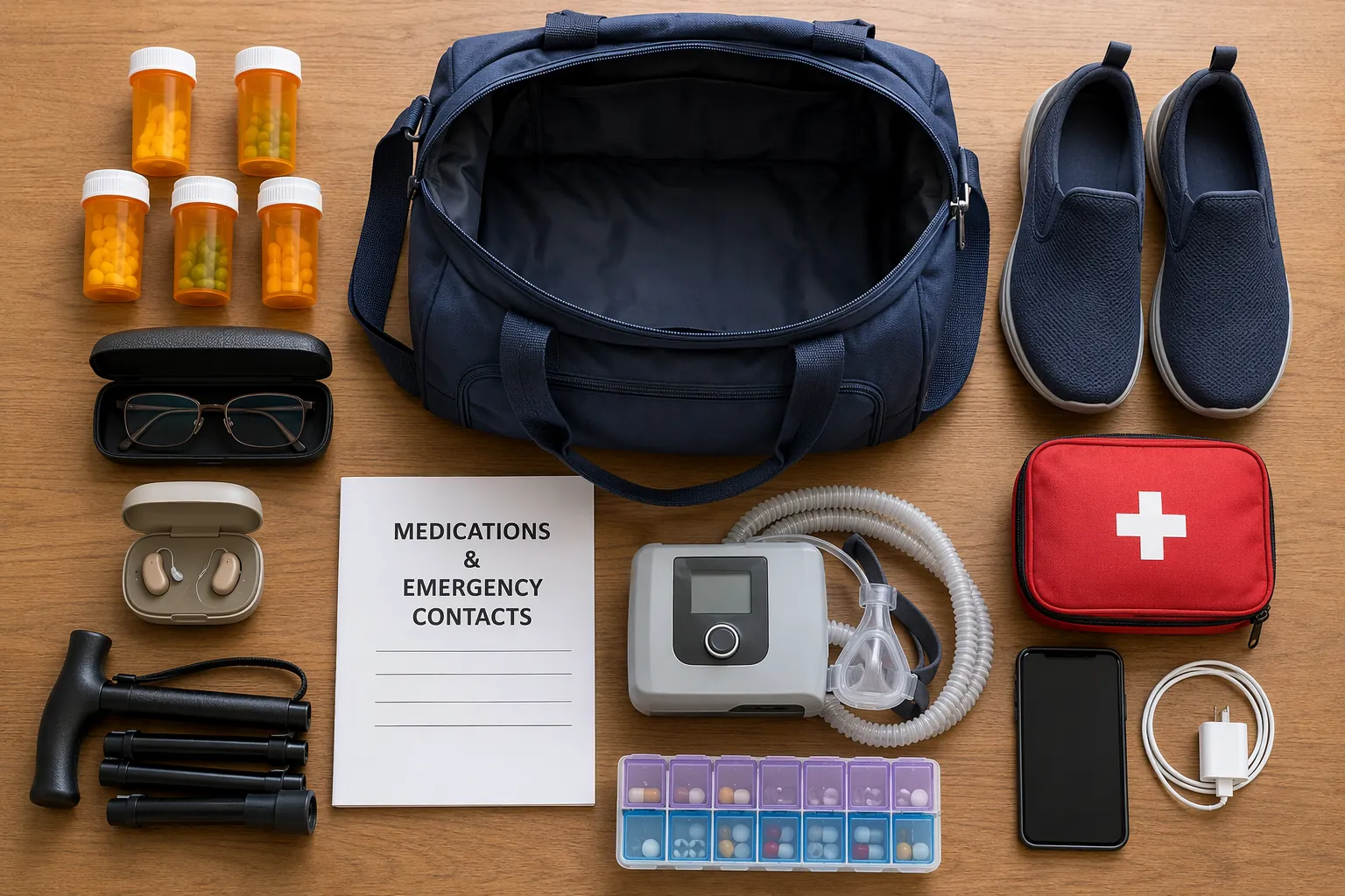 Senior emergency go-bag with medications, glasses, hearing aid case, cane, CPAP machine, shoes, documents, phone, and charger