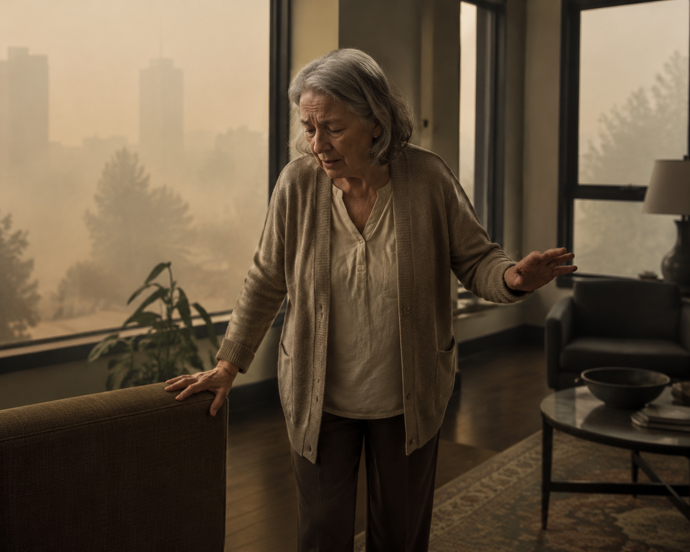 Older woman holding a sofa for balance in a hazy living room