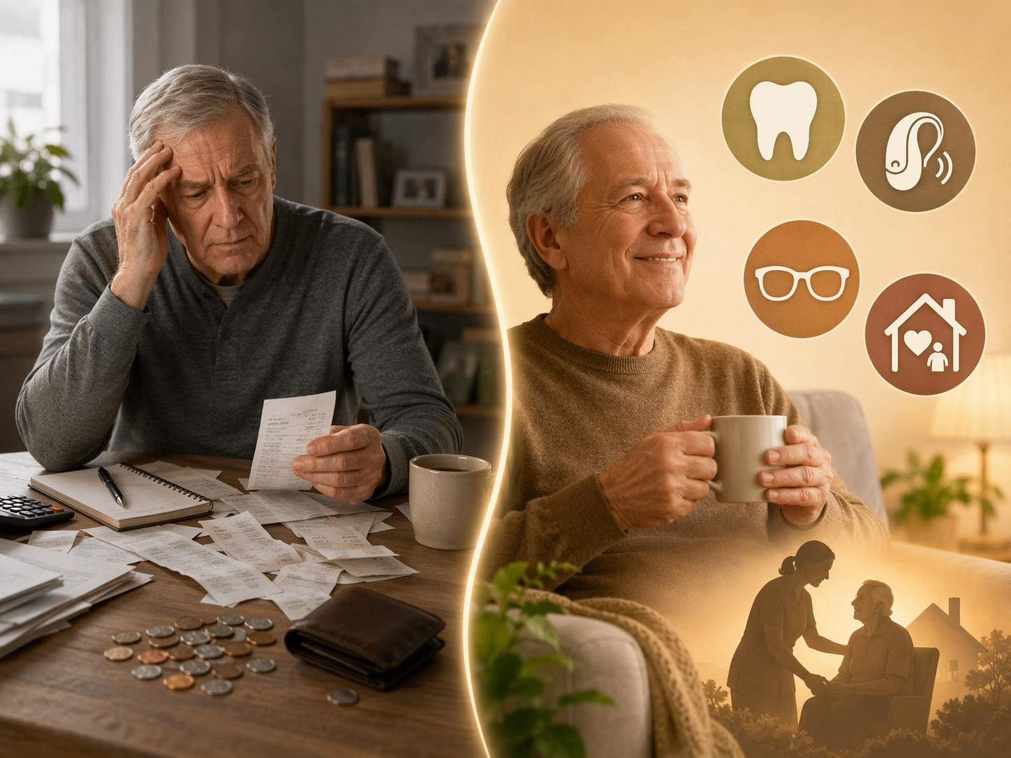 Split image comparing current out-of-pocket medical costs with proposed dental, vision, hearing, and in-home support coverage