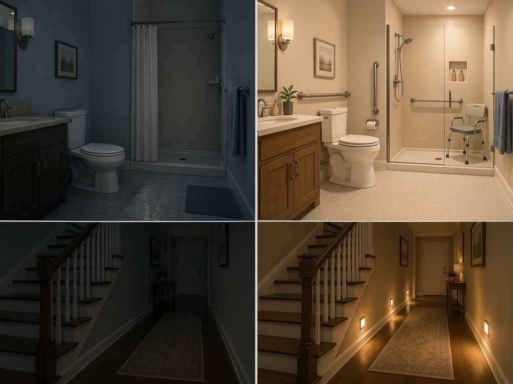 A split illustration comparing an unadapted bathroom on the left with an adapted bathroom on the right. The adapted side features a grab bar, raised toilet, shower chair, non-slip flooring, and brighter lighting. Below, a hallway with stair railing and motion-sensor night lights.