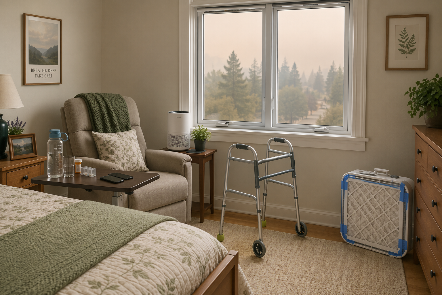 A senior-safe clean room with an air purifier, walker, supplies, sealed windows, and smoky air outside