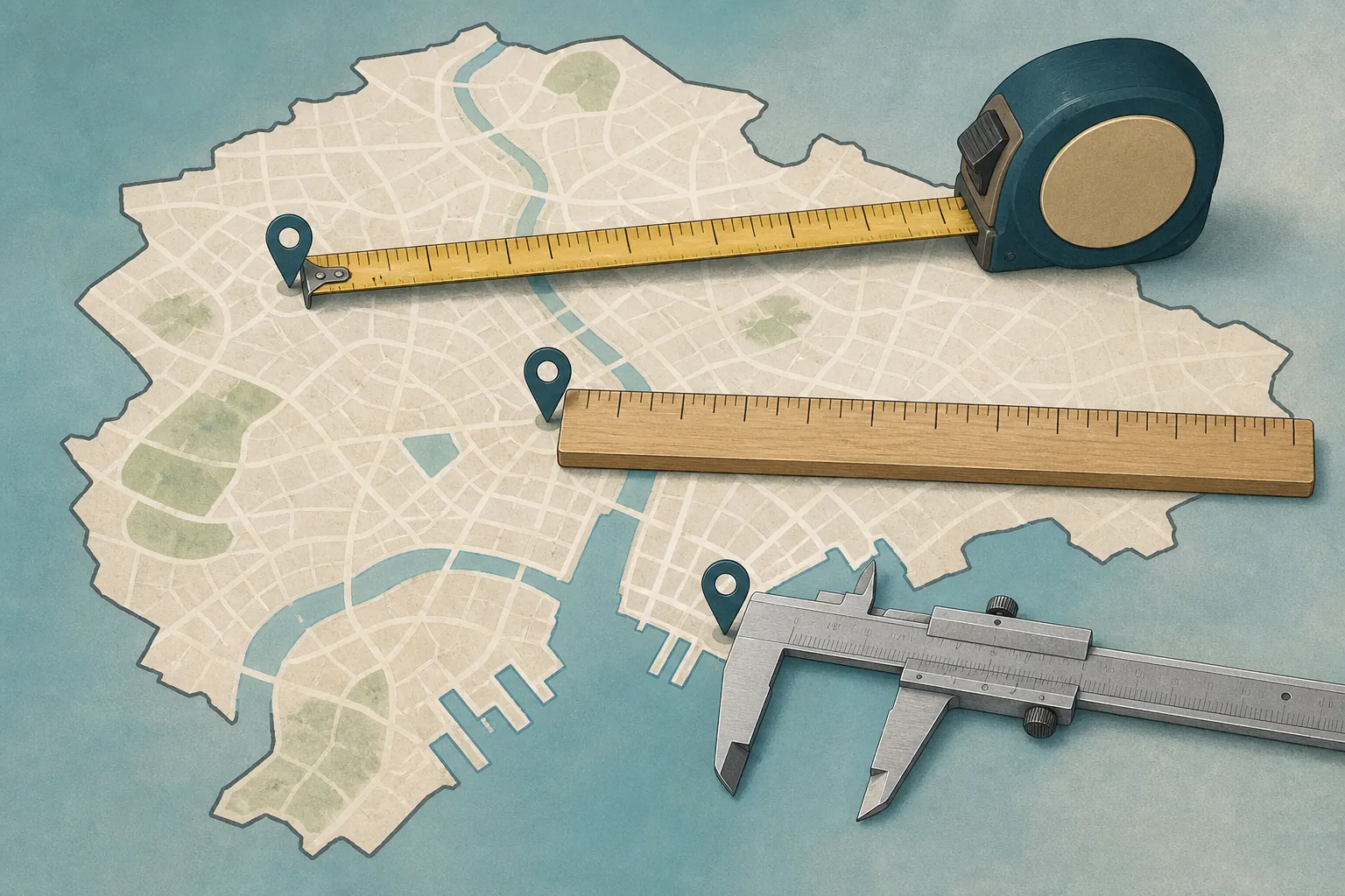 Different measuring tools laid across the same city map to show why retiree rankings produce different results