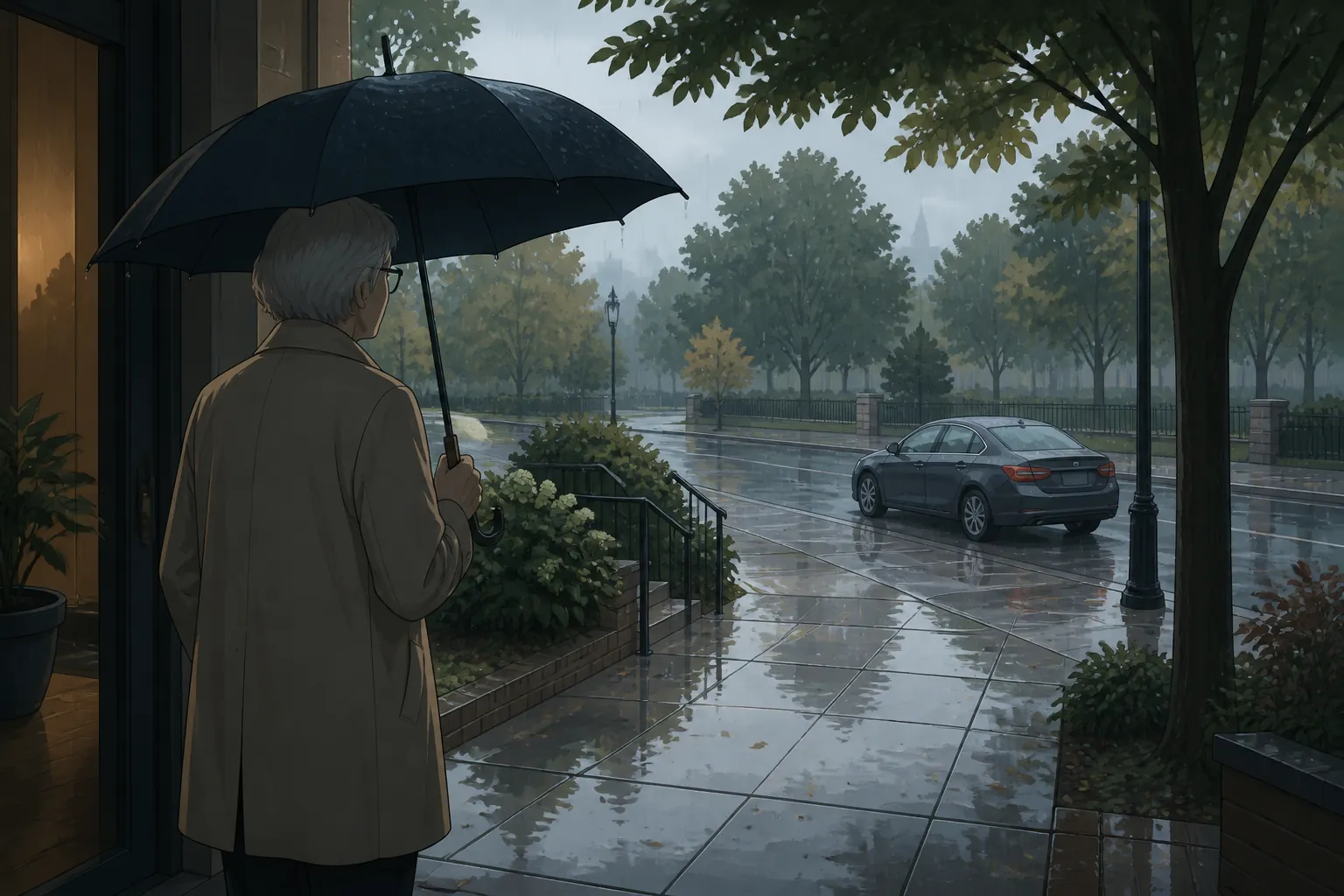 Older adult with an umbrella looking from a covered doorway toward wet pavement, a curb, and a parked car