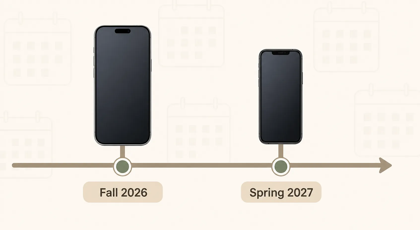Timeline showing fall 2026 for Pro iPhones and spring 2027 for standard iPhone models