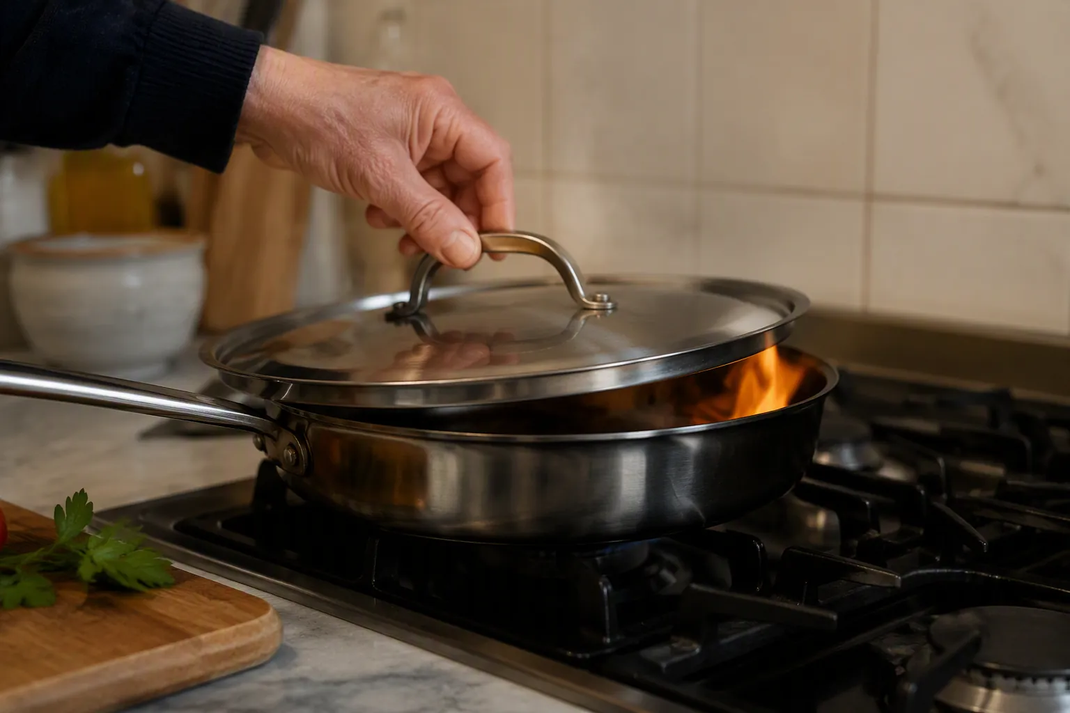 Older adult calmly sliding a metal lid over a small contained grease fire in a frying pan on a clear stove