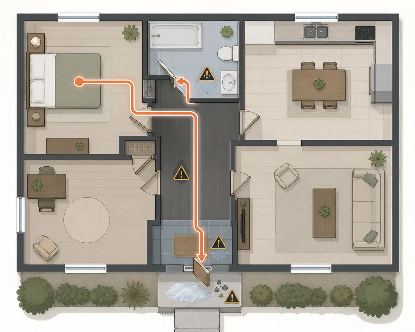 Floor plan showing a highlighted route from bedroom to bathroom and front door with hazards marked in the hallway, entryway, doorstep, and debris area