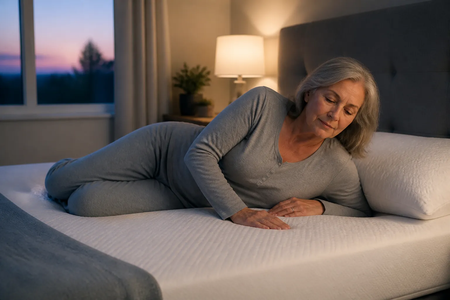 Older adult woman turning onto her side in bed to show mattress responsiveness