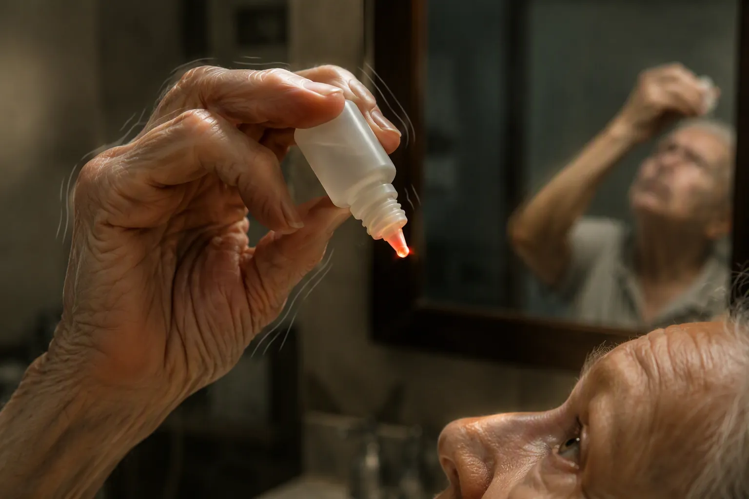 An older adult holding an eye drop bottle in a dim bathroom, showing the difficulty of aiming the dropper safely